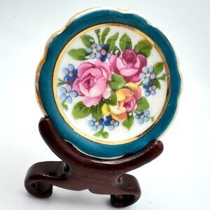 Limoges France Miniature Plate Romantic Rose Pattern Wooden Stand Vtg 1.75"